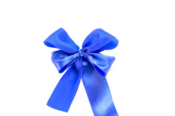 Shiny blue satin ribbon on white background