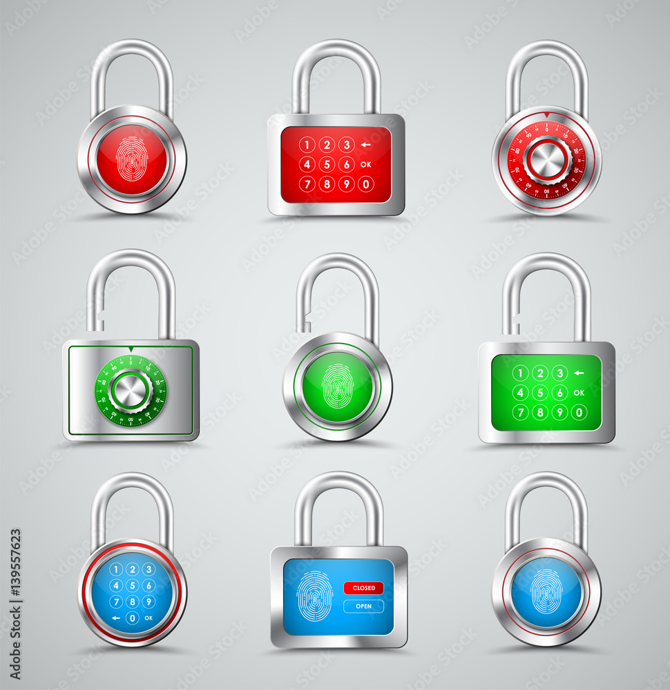 Poster set of metal padlocks round and square shapes with different types of protection