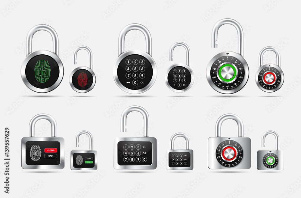 Poster set padlock round and square, closed and open with different types of protection