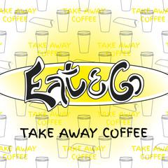 Food hand drawn sign logo template. Vector logo and pattern. Take away coffee design.