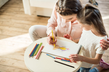 high angle view of mother and daughter drawing picture together
