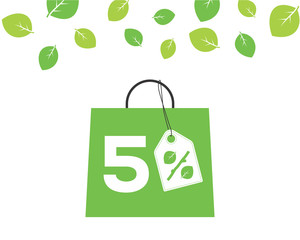 Vector green shopping bag with 5% text and percent design with leaf and stick price tag label on it on white background with leaves. For spring sale campaigns.