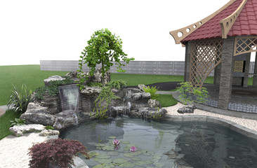 Naklejka premium Patio living space arrangement, 3d render