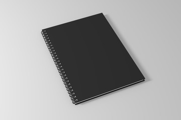 blank empty black spiral notebook template on clean white background. 3d illustrated