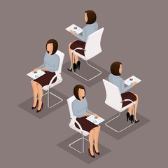 Trend Isometric people Set 1, 3D business woman working with documents, graphics, front view, rear view, stylish hairstyle, glasses, office worker man in a suit isolated on a dark background