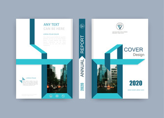 Book cover design. Brochure title sheet. Abstract composition with image. Blue green, turquoise colored geometric shapes. Set of A4 interesting vector illustration. Minimalistic style. Creative.