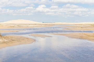 Fototapeta na wymiar Dunes with some vegetation and puddles at Lagoa do Peixe lake