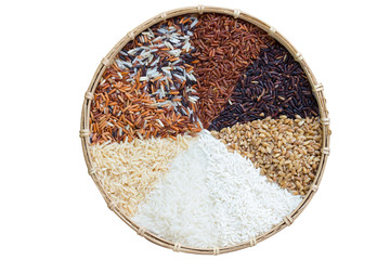 Jasmine rice, Brown rice, Red rice,Black rice, Mixed rice and Riceberry texture for background