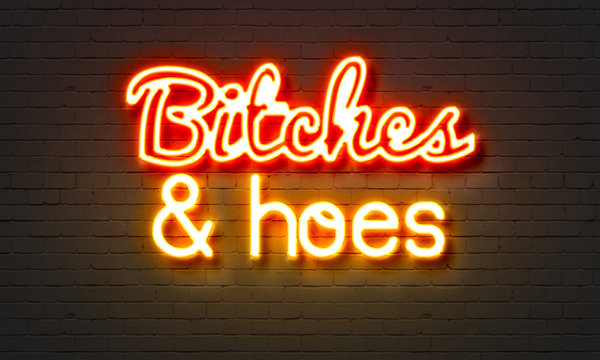 Bitches & hoes neon sign on brick wall background.