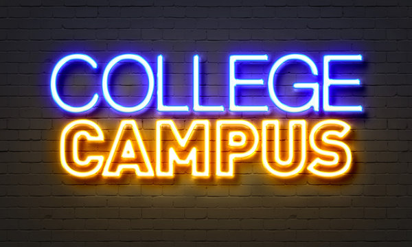 College campus neon sign on brick wall background.