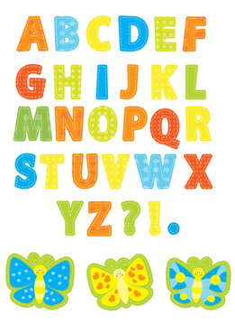 English alphabet, spring letters set with butterflies