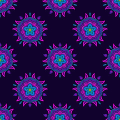 Dark pattern with fantastic mysthic mandala ornament decoration. Seamless night dream texture background.