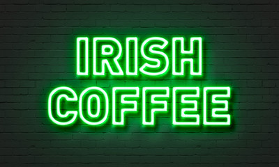 Fototapeta na wymiar Irish coffee neon sign on brick wall background.