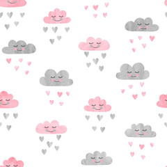 Seamless pattern with watercolor clouds and rain of hearts. Vector illustration. 