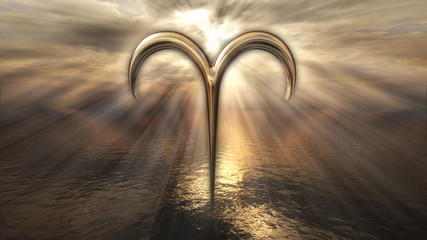 Mystic golden zodiac horoscope Aries symbol. 3D rendering