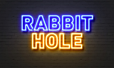 Rabbit hole neon sign on brick wall background.