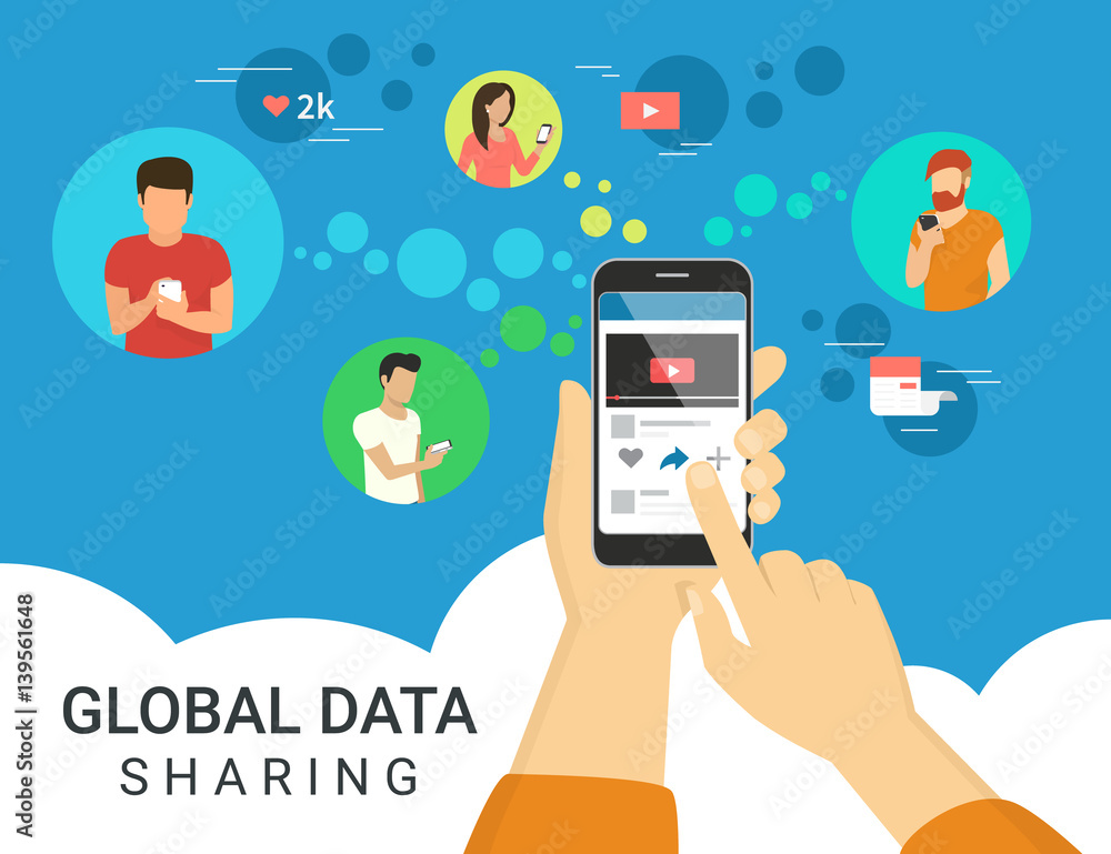 Poster global data sharing data concept illustration of young people using mobile smartphone to share posts