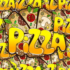 Cool seamless pattern with of tasty pizza. Vector illustration for design of packing Italian food.