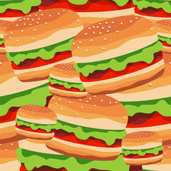 Seamless pattern of the burgers. Vector illustration of fast food for a wallpaper design or packaging.