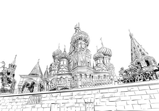 Russia. Moscow.Red square St. Basil's Cathedral. Hand drawn vector illustration.