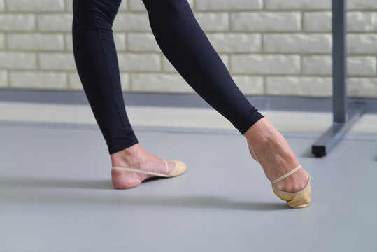 Detail Of Ballet Dancers Feet, Close Up Of Pointe Shoes