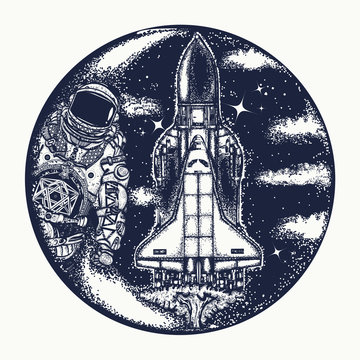 Space shuttle and astronaut tattoo art. Symbol of space travel, study of  universe, flight to new galaxies