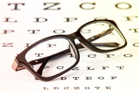 Black glasses on eye chart