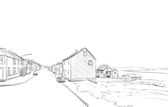 Norway village sketch hand drawn. Northern landscape fjord vector illustration