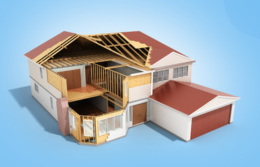 build House Three-dimensional image 3d render on blue
