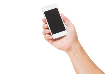 Man hand holding mobile phone isolated on white background. clipping path