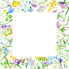 Floral frame of a wild flowers and herbs on a white background.Buttercup,cornflower,clover,bluebell,forget-me-not,vetch,timothy grass,lobelia,snowdrop flowers.Watercolor hand drawn illustration.
