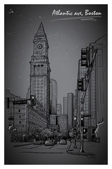 Night panorama of the State street and Custom House Tower in Boston. Cityscape, urban hand drawing. Night life sketch. Editable EPS10 vector illustration.