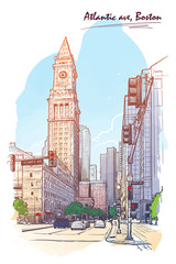 Panorama of the State street and Custom House Tower in Boston. Cityscape, urban hand drawing. Painted Sketch. Watercolor feel. Editable EPS10 vector illustration.