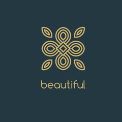 Vector logo design template and emblems in trendy linear style. Linear Gold emblem on a colorfull background. Logo template for Cafe, Hotel, Heraldic, Restaurant, Boutique