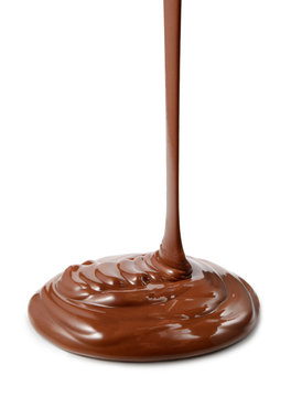 Chocolate flow isolated on white background close up