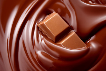 Naklejki  Topiona gorąca czekolada płynna z kawałkami czekolady. Tło.