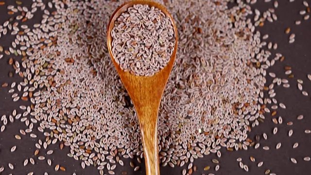 Wooden spoon full of psyllium on a dark brown background