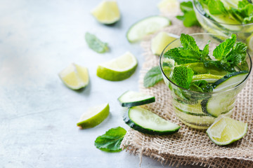 Fototapeta na wymiar Cucumber lime mint fresh infused water detox drink cocktail lemonade