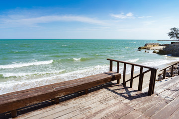 Wooden Terrace, Sea, and Blue Sky