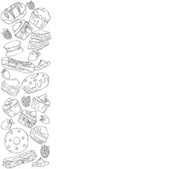 vector white black contour line pattern of sweets and cakes