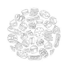 vector white black contour circle pattern of sweets and cakes