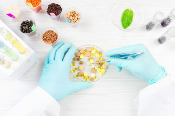 Scientist testing gmo plants and seeds in biological laboratory. Taking pill with tongs for experiment.Top view © Monstar Studio