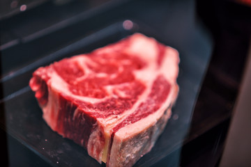 Raw fresh steak in supermarket, grocery market.