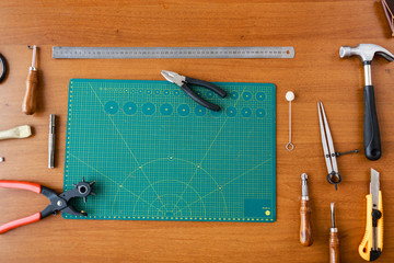 Top view of hand-tools on table