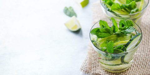 Cucumber lime mint fresh infused water detox drink cocktail lemonade