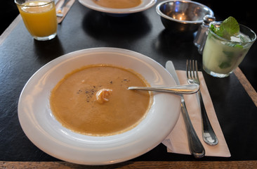 pumpkin and crabs cream soup with shrimps