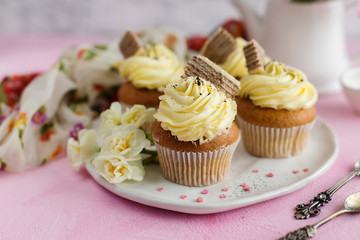 Spring, yellow cupcakes with wafer and chocolate chips