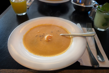 pumpkin and crabs cream soup with shrimps