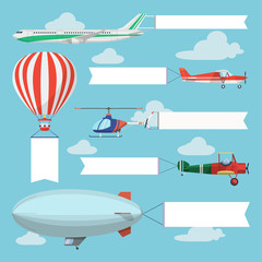 Flying planes, helicopter and airship pulling advertising banner © Vikivector