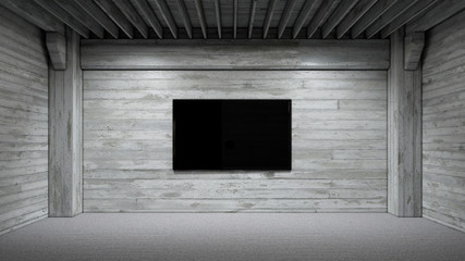 Concrete room with black TV on wall